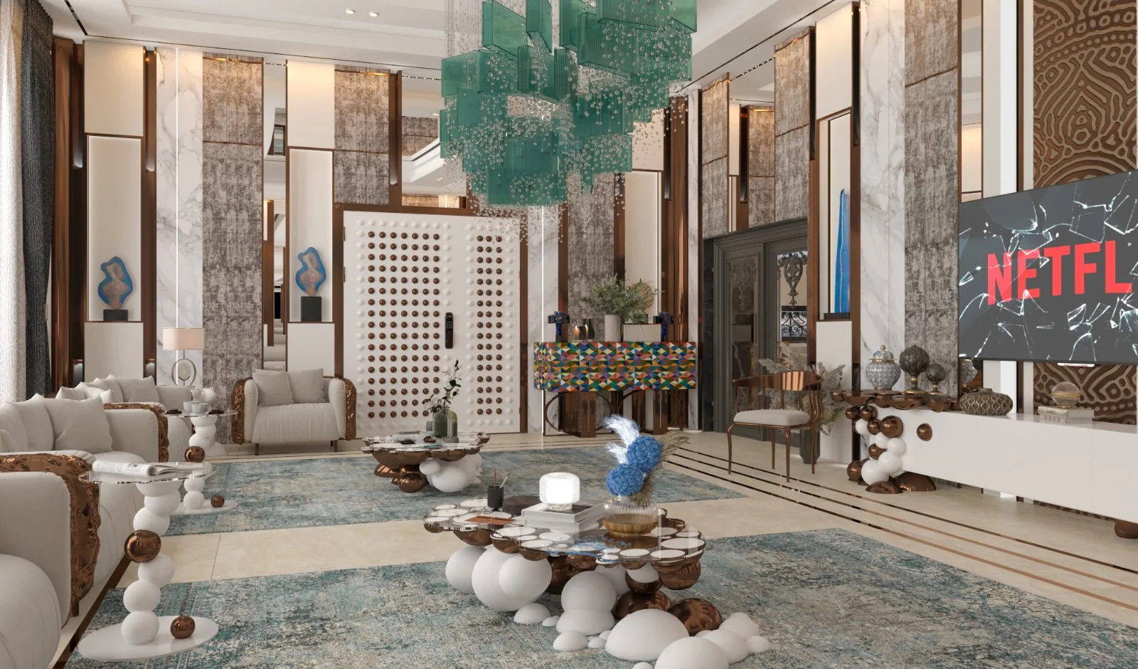 Visualização da sala com um lustre turquesa