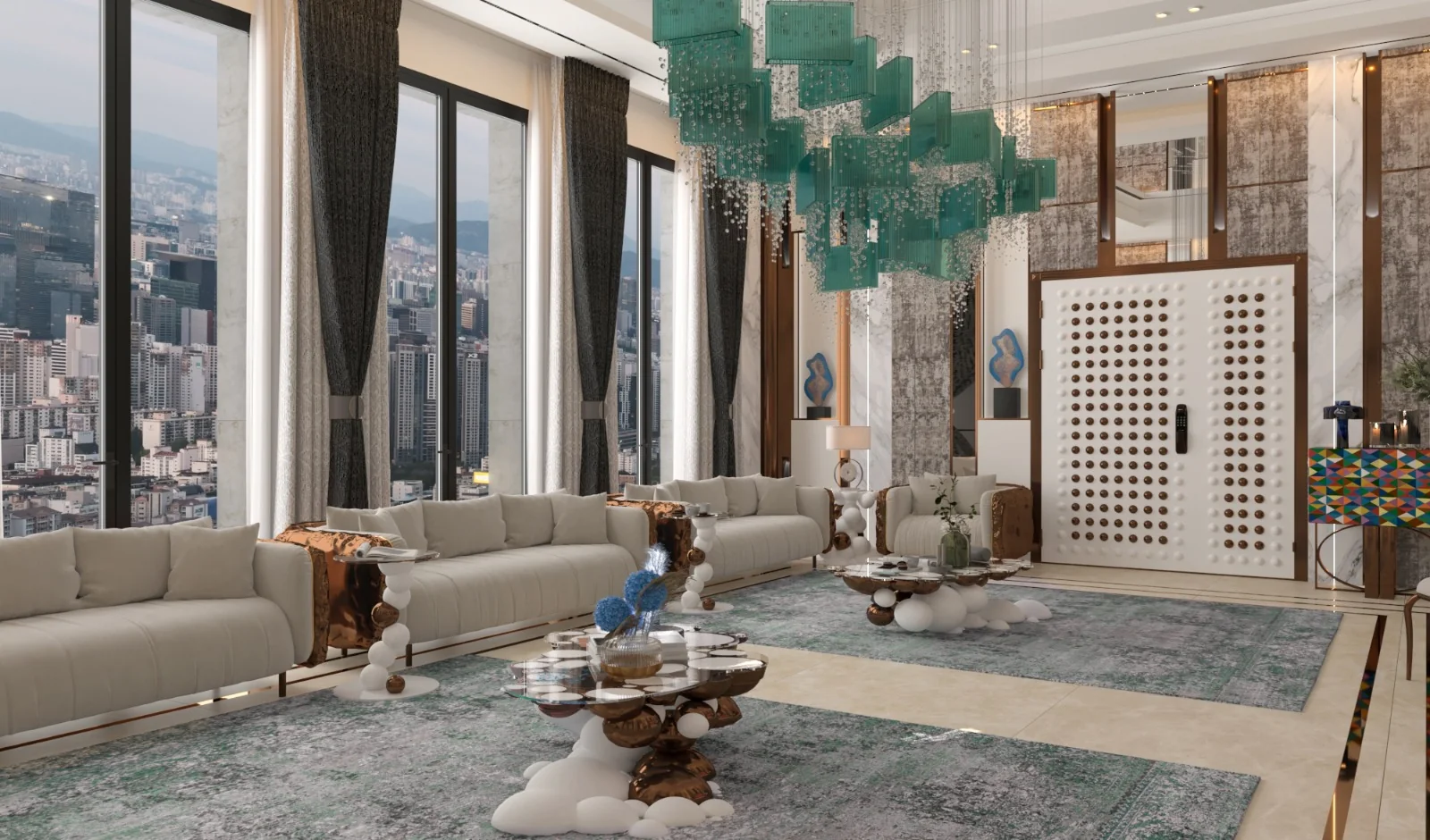 Visualização da sala com vista para a cidade