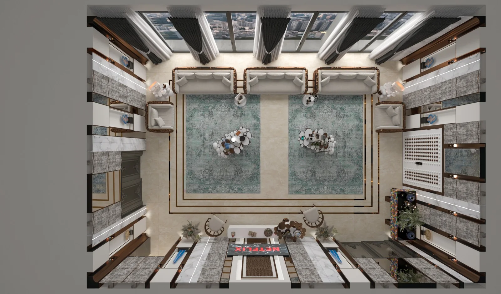 Plano exterior da sala de estar com um lustre turquesa
