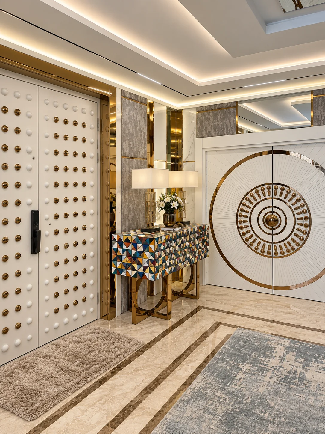 Porta circular sob medida, console e detalhe de latão
