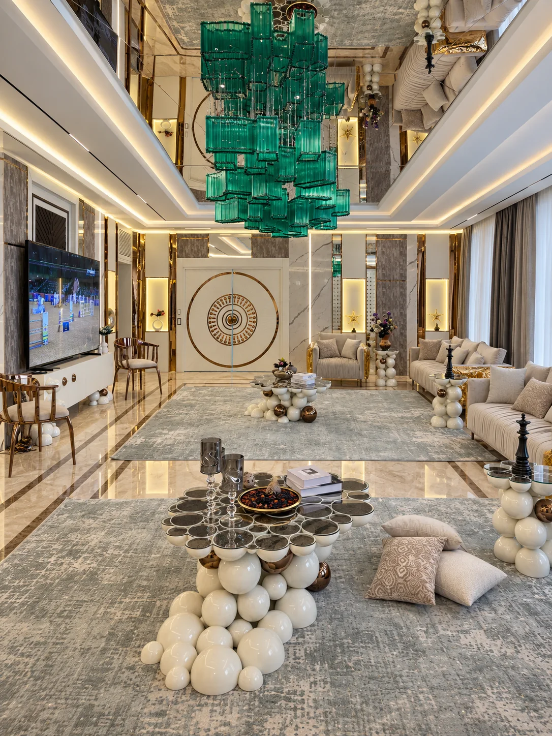 Sala de estar principal, lustre turquesa e mesas de café sob medida