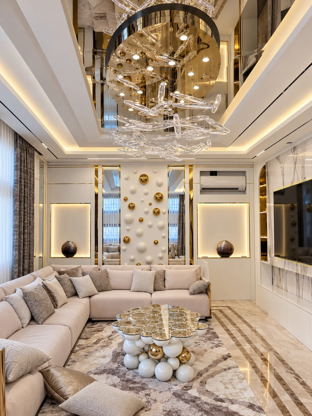 Sala de estar neutra com iluminação de vidro clara